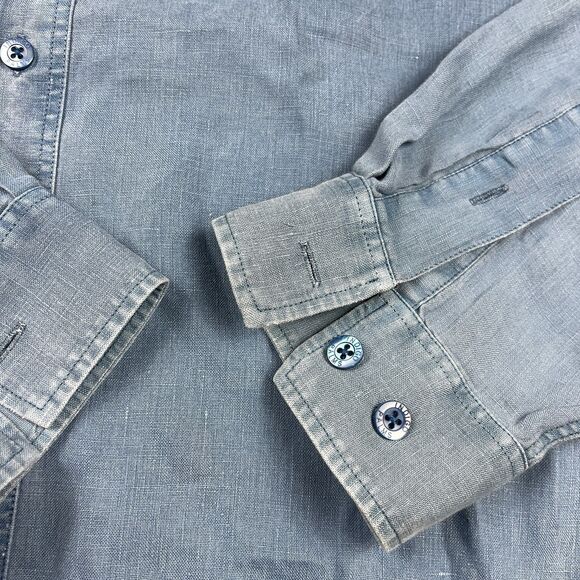 Indigo Palms Linen Button Down Shirt Large Blue Coastal Soft Worn Casual Beachy - Picture 12 of 12